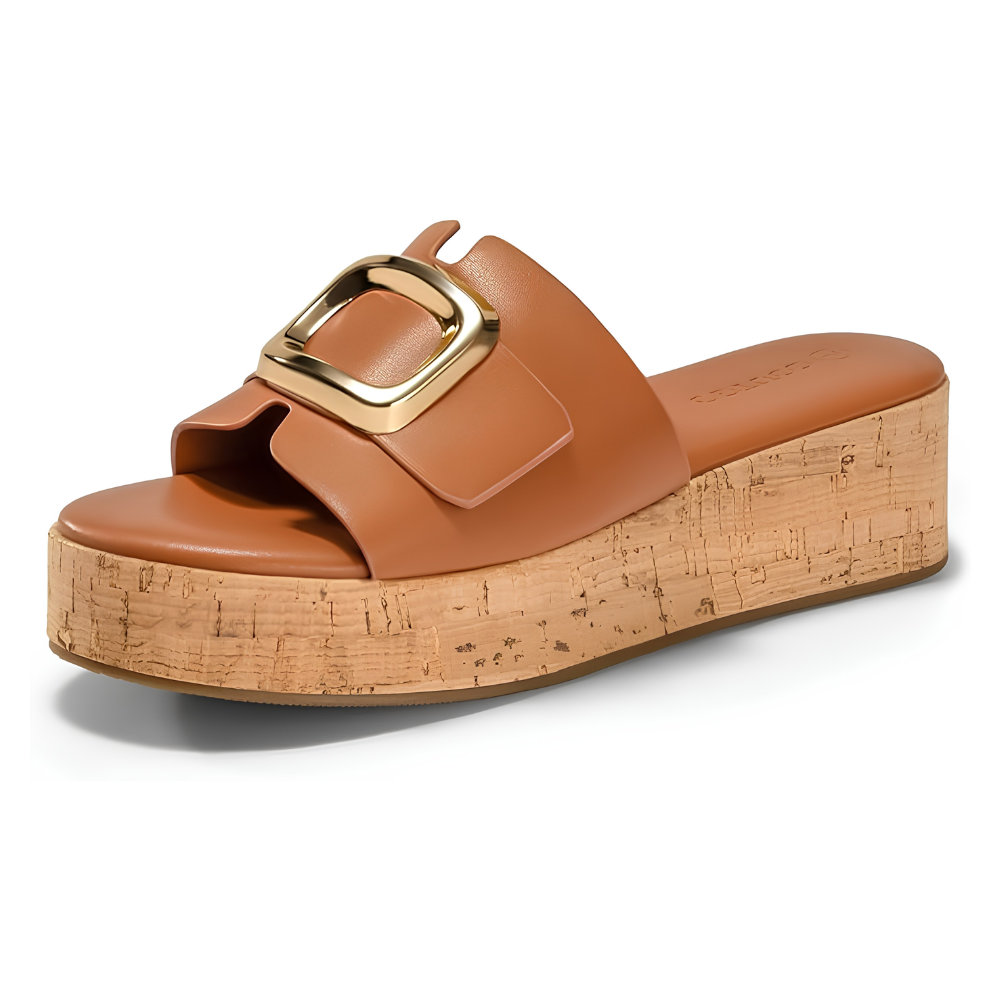 Amalfi Gold-Buckle Cork Platform Slides – Luxe Lift, Cloud-Soft Steps